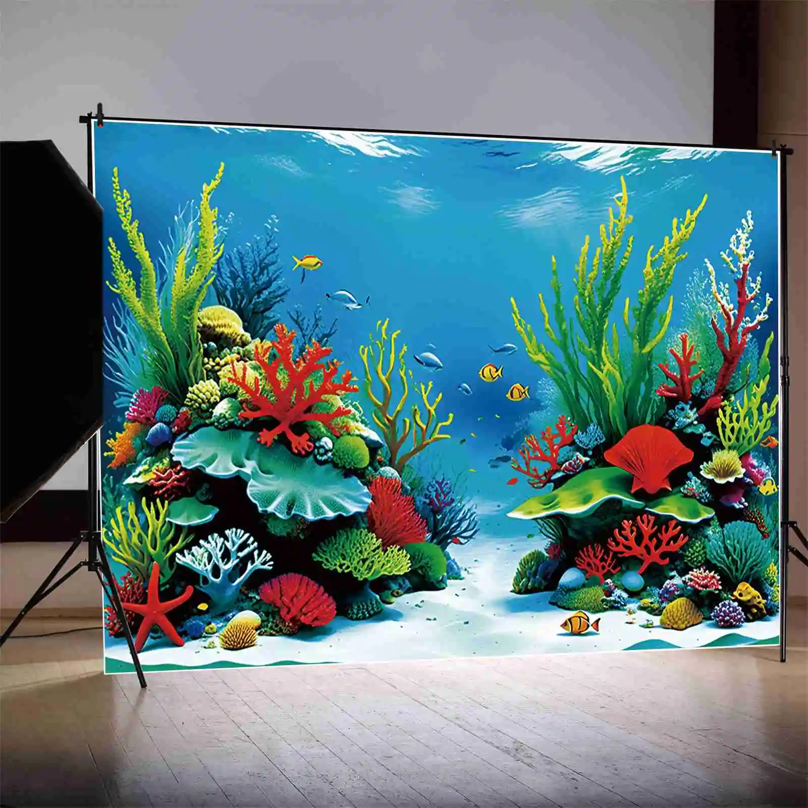 MOON.QG Summer Sea Water Birthday fondale per bambini Green Grass Aquarium Red Coral Background puntelli per fotochiamate per feste personalizzati