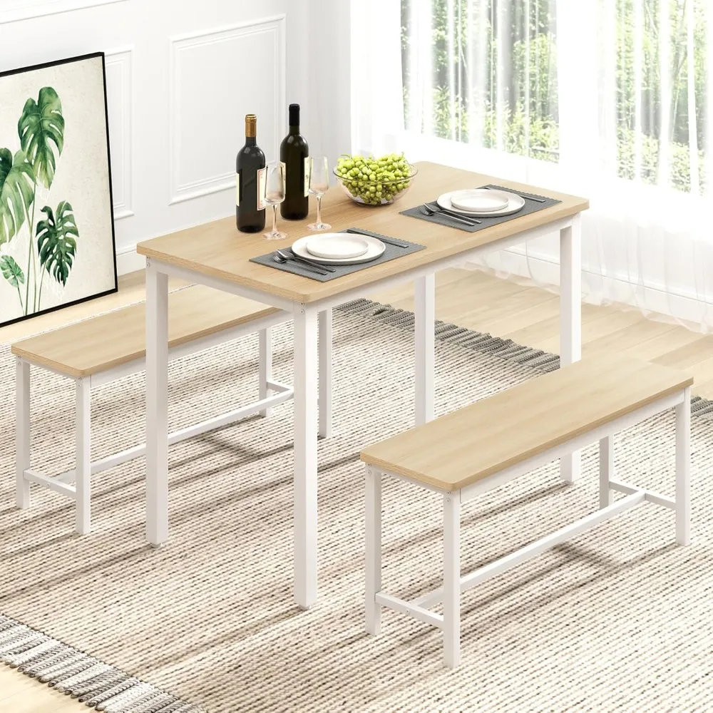 

43" Dining Table Benches Set for 4, Modern Space Saving Kitchen Table Chairs & Adjustable Feet Breakfast Table 2 Benches, Woode