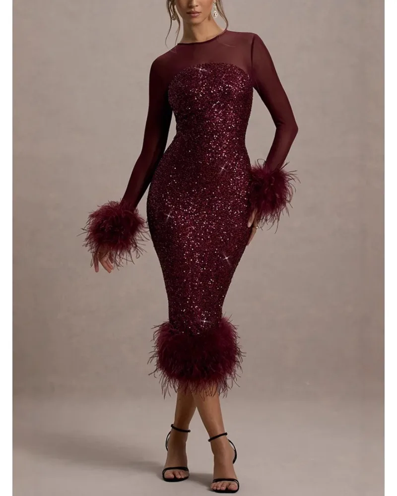 

Sequines Mesh Patchwork Feather Dress Women O-neck Long Sleeve Slim Hip Package Split Dresses 2026 Party Evening Club Lady Robe