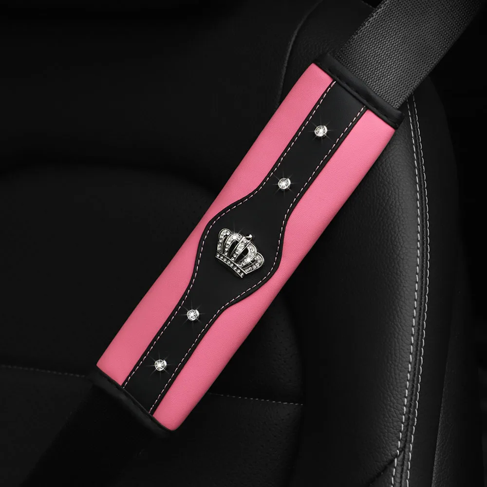 A Stereo Leather Car Seat Belt Shoulder Protector with a Rhinestone Crown and a Car Accessory with an Insurance Belt Cover