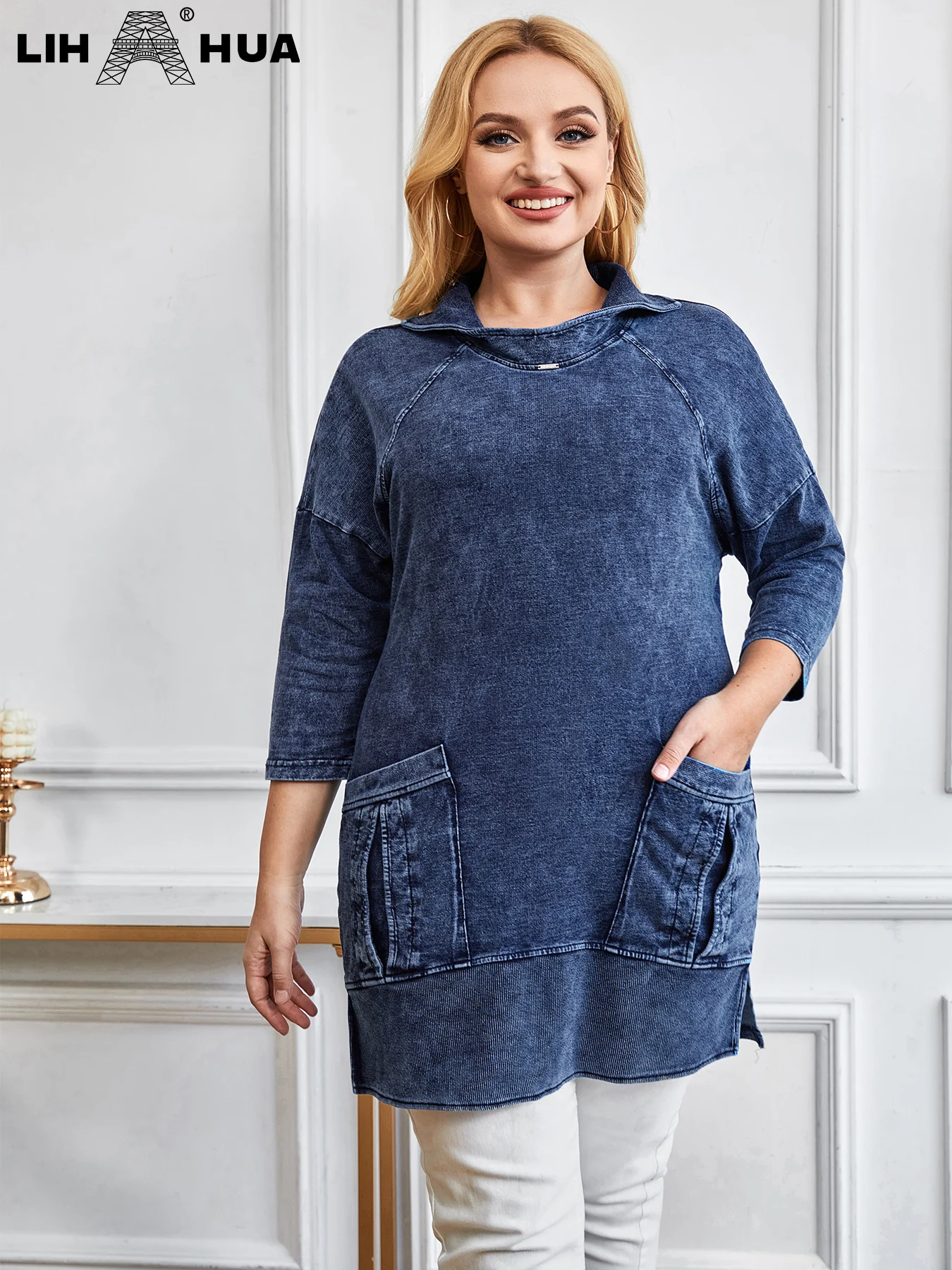 LIH HUA damska Plus Size kurtka dżinsowa na co dzień długi styl Slim kurtka dżinsowa dla kobiety Premium dzianinowe Denim