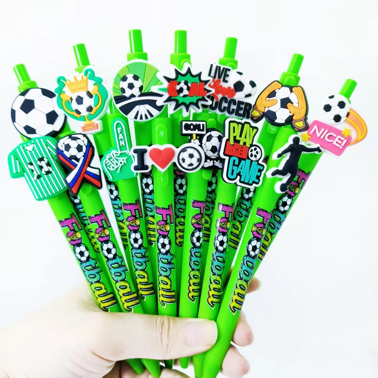 

14/24pcs green pen holder soccer element patch pen soccer exercise theme press ballpoint pen daily office study writing pen