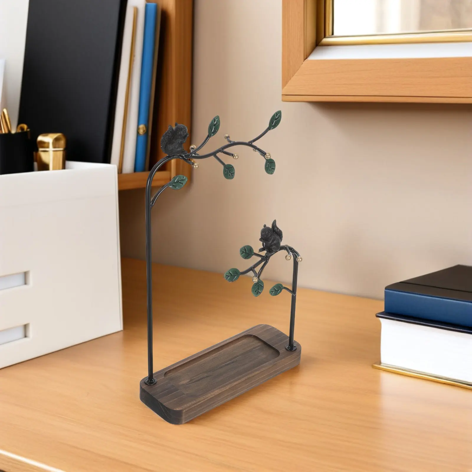 Metal Tree Shaped Jewelry Stand with Wooden Tray Base for Earrings Necklaces Bracelets Rings Display Rustic Modern Home Decor