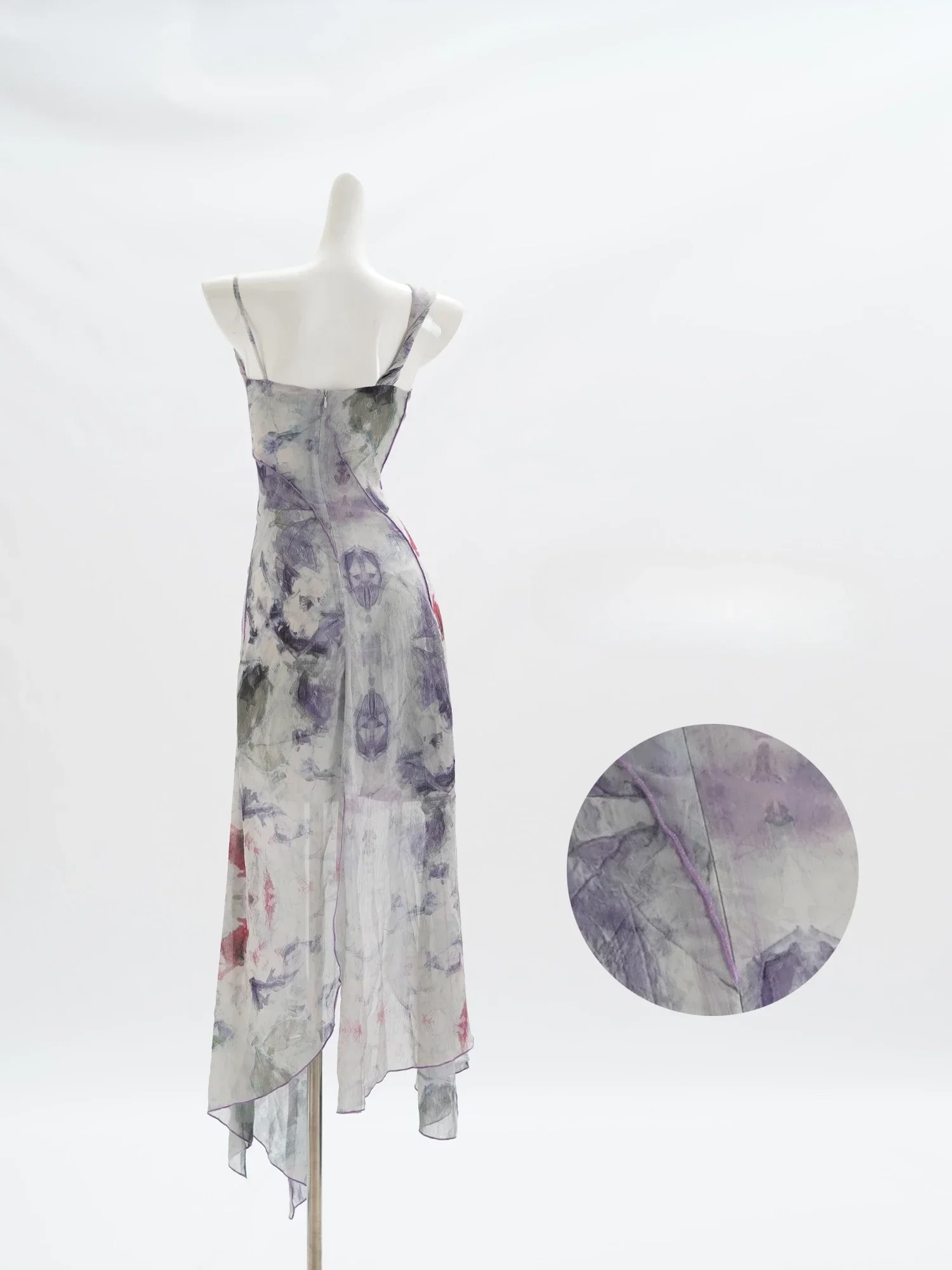 Light Purple Sleeveless Floral Print Women Vintage 2024 Fashion Collection Irregular Hem Sling Midi Dress