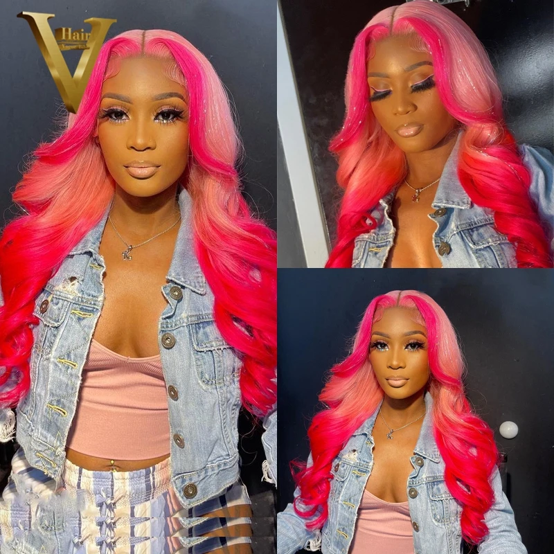 

Hot Pink Body Wave Lace Front Wig Remy Ombre 613 Colored Highlight 13x4 Transparent HD Lace Frontal Human Hair Wigs For Women