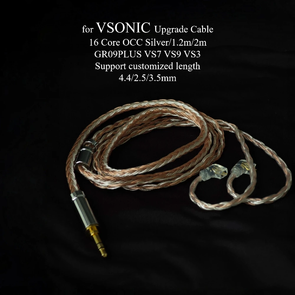 Cable HiFi de 16 núcleos chapado en plata para auriculares VSONIC GR09PLUS VS9 VS7 VS3, cable de actualización de 2 pines equilibrado de 0.78mm con micrófono de 2.5, 3.5, 4.4mm