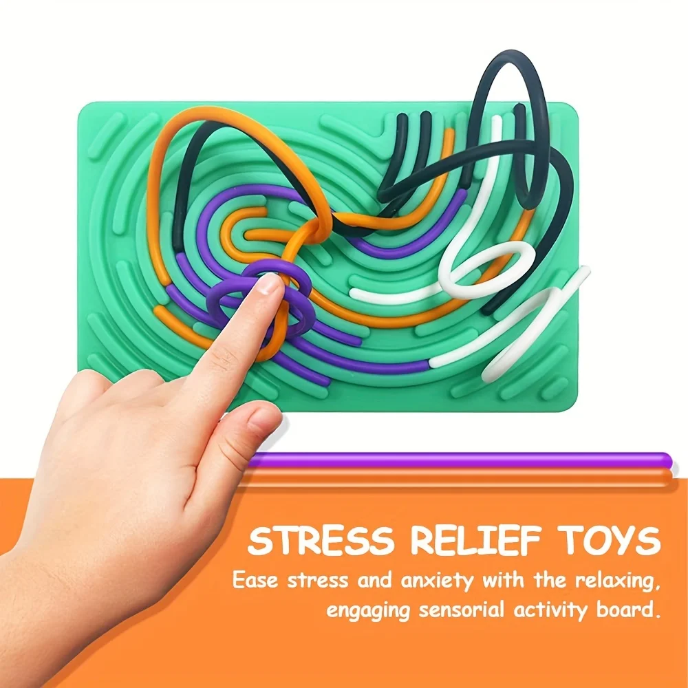 Sensory Activity Board, Double Side Silicone Calm Down Fidget Toy & Adults Activities, Portable With Travel Bag & 20 Strings