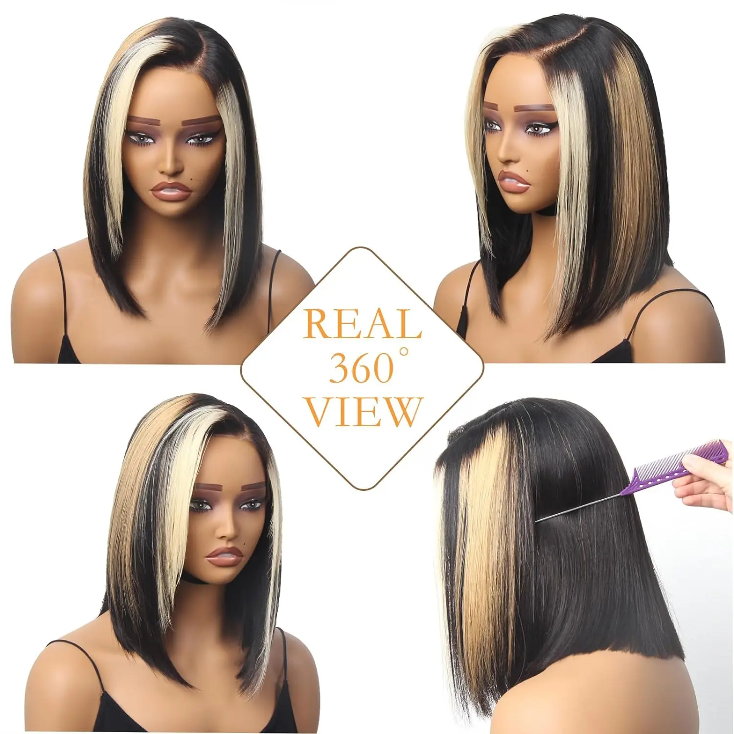 Highlight Ombre Straight Short Bob Human Hair Wig Brazilian 13x5x1 HD Lace Wig For Women PrePlucked 12Inch Side Part Colored Wig