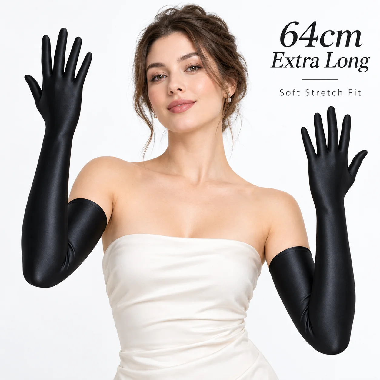 64cm Extra Long Opera Gloves for Women, Glossy Stretch Full Finger Gloves, Silky Smooth Arm Length Gloves for Wedding Party Cosp