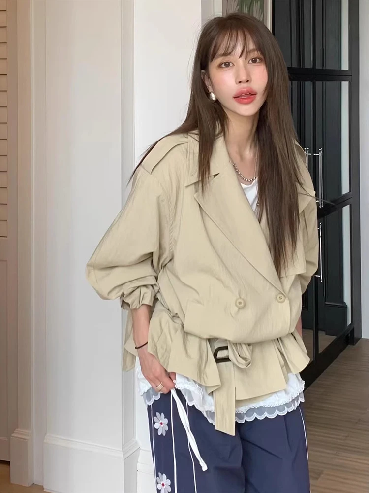 

Женский двубортный плащ с длинными рукавами на весну и осень, женский свободный плащ в корейском стиле с завязками на талии