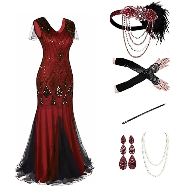 

1920s Gatsby Flapper Costumes Retro Vintage Cosplay Party Sexy Dress Red Sequin Gown with Headpiece Gloves Jewelry