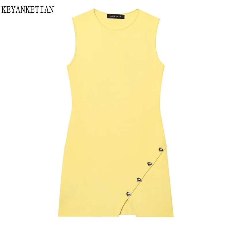 

KEYANKETIAN 2025 Summer New Women's Asymmetrical Button Decorated Knit Mini Dress Office Lady Fashion Slim O-Neck Tank Dress