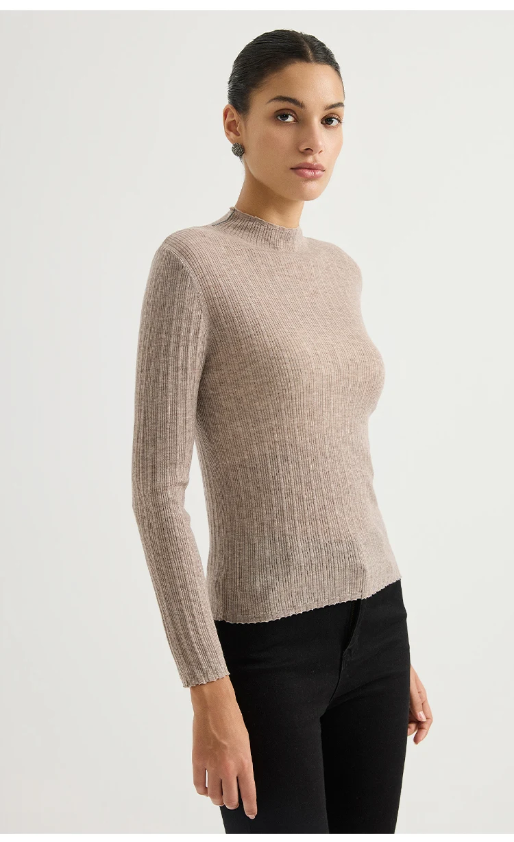 BL3621732 Damen-Pullover mit Stehkragen aus Wollmischung, Lurex, gerippt, langärmelig, mit Wellenkragen, seitlicher Kette und metallischem Glanz für den Herbst – Detail 10