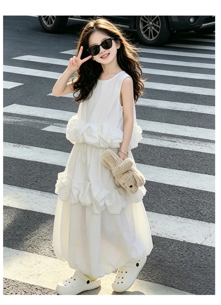 

2026 New Baby Girls Summer Teenage White Solid Casual Sets, Top + Skirts Princess Sweet Suits 5-12 Tli