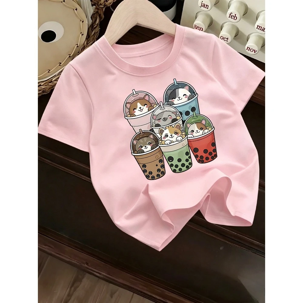 Children's T-shirt Summer Soft Skin Friendly Loose Comfortable Casual Simple Cute Milk Tea Printed Short Sleeved Top