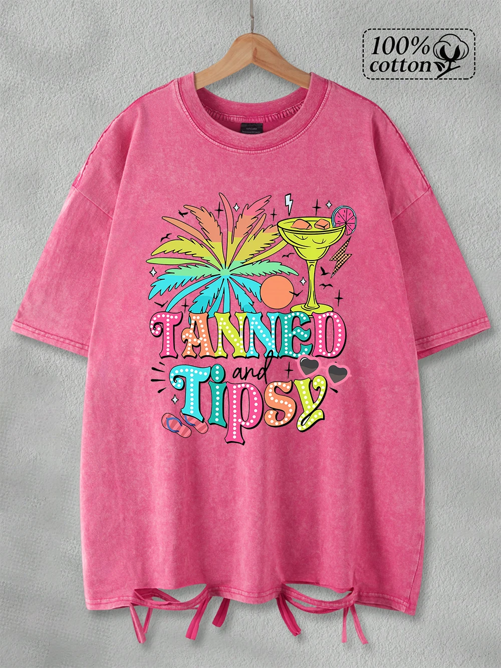 

Cotton Washed T-Shirts Womens Oversized Tanned And Tipsy Beach Drinks Prints Tops O-Neck Distressed Holes T Shirt Summer Clothes
