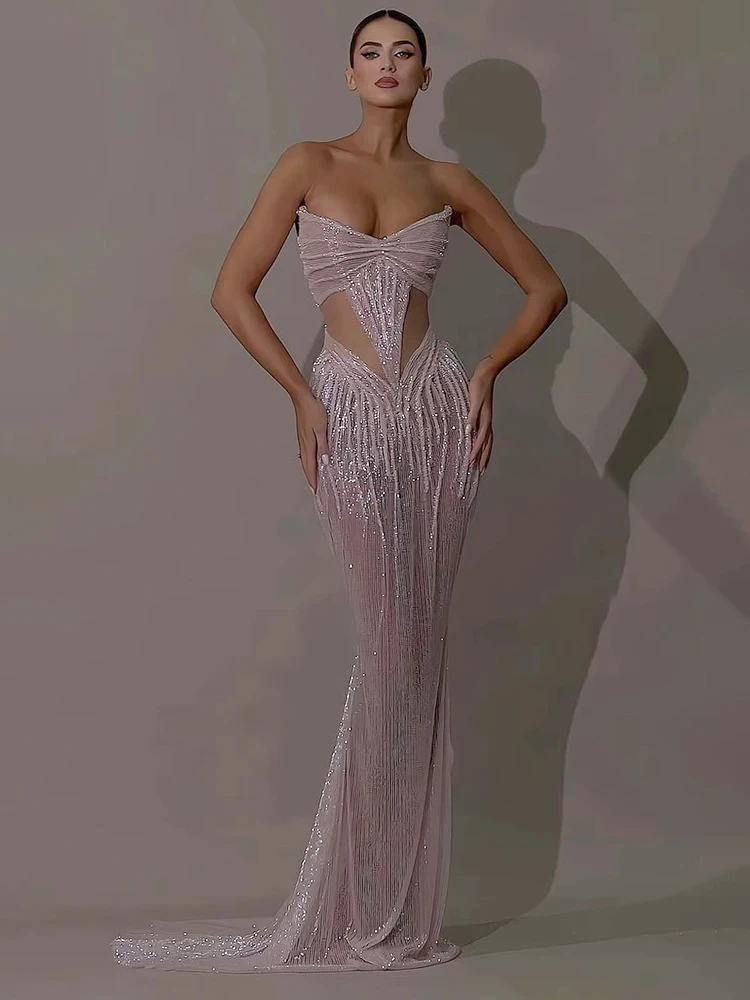 Abito da sera da festa Abito lungo senza spalline con taglio beige Scollo a cuore Scava fuori Abiti da celebrità con sirena