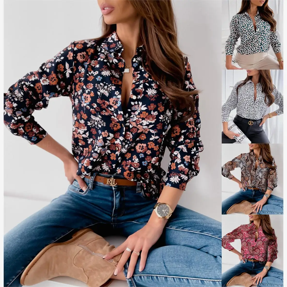 

Весенне-осенний новый длинный све с цветочным принтом женский irt Commute Sle обычный воротник све на пуговицах повседневный irt