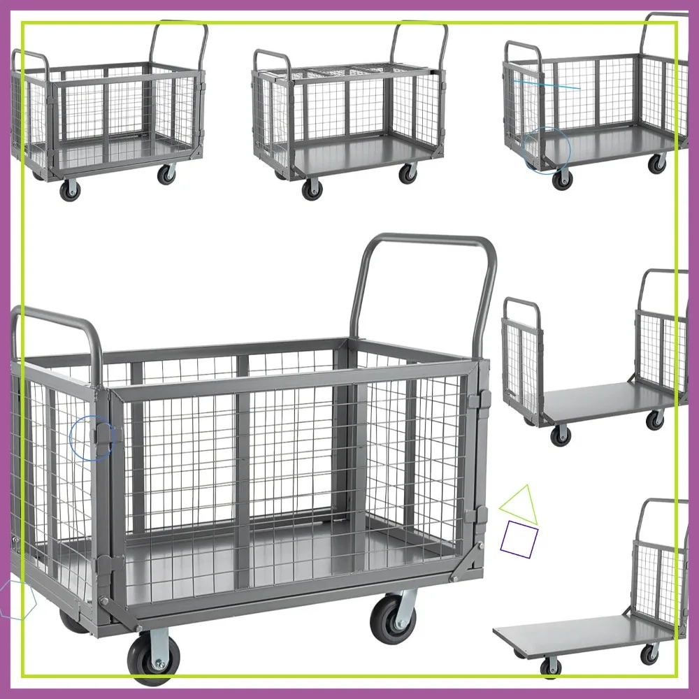 

Многофункциональная складная тележка-платформа 5-в-1 с клеткой, грузоподъемность 907 кг, для склада/гаража/продуктов