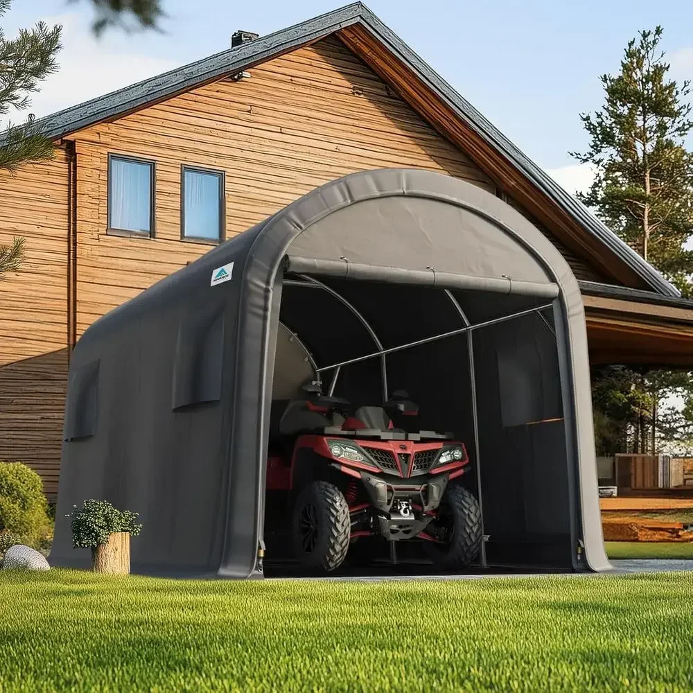 Portable 10x15ft Steel Storage Shed with Roll-up Door and Vents for Car, Motorcycle, Boat, or Garden Tools, Gray
