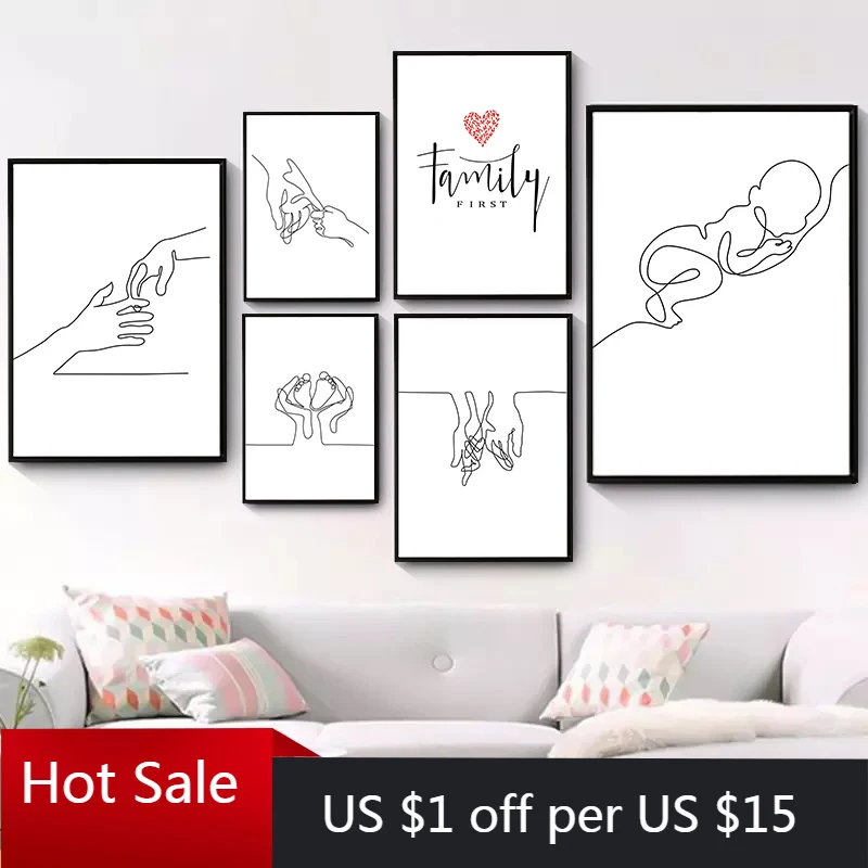 Wall Art Happy Family Canvas Painting Hand Drawn Lines Love Baby Nordic Posters For Nursery Baby Room Decor Wall Decor