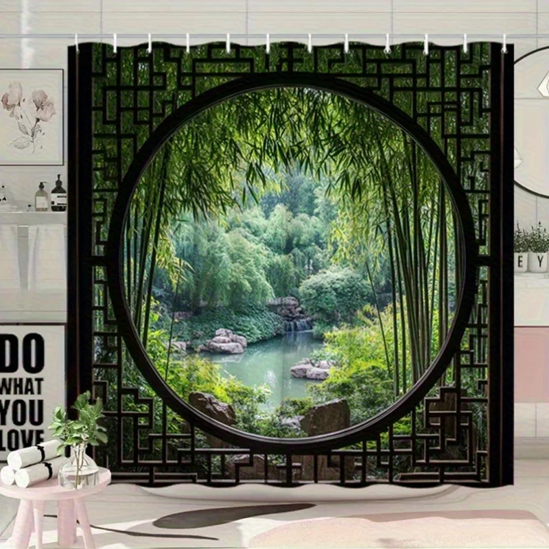 Elevate Your Bathroom with this Waterproof Shower Curtain Featuring a Traditional Chinese Garden for Serenity and Style