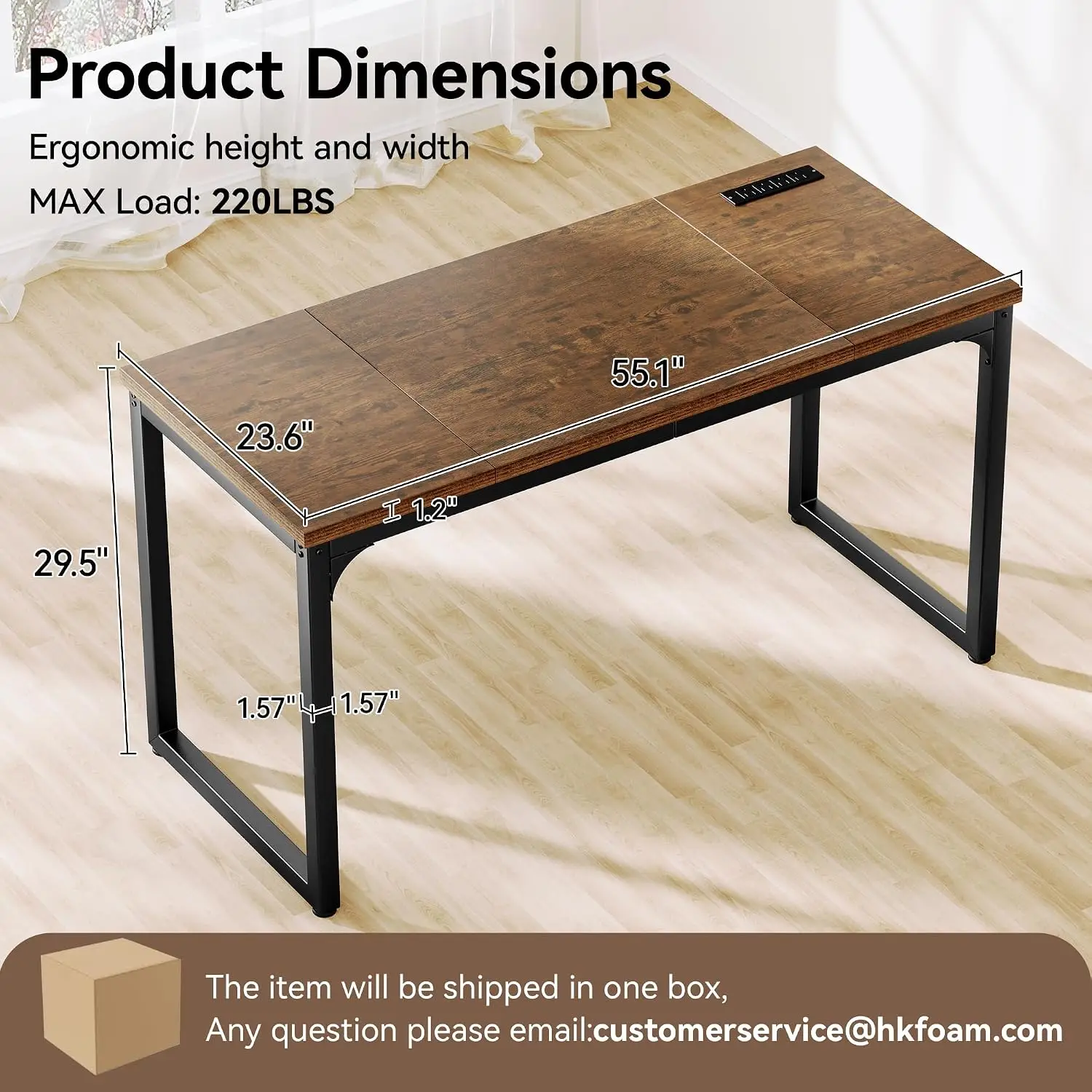 Computer Desk with Power Outlets, 55.1 x 24 Inch, Rustic Brown | 1.2 Inch Extra-thick Desktop, Deeper Home Desks, Customized