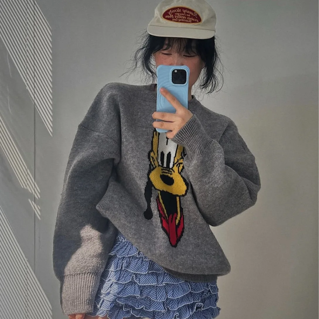 2024 Autumn clothes South korea Knitted Cartoon Idle Sle Pullover Loose Plus size Ins Vintage sweater Women Fashion