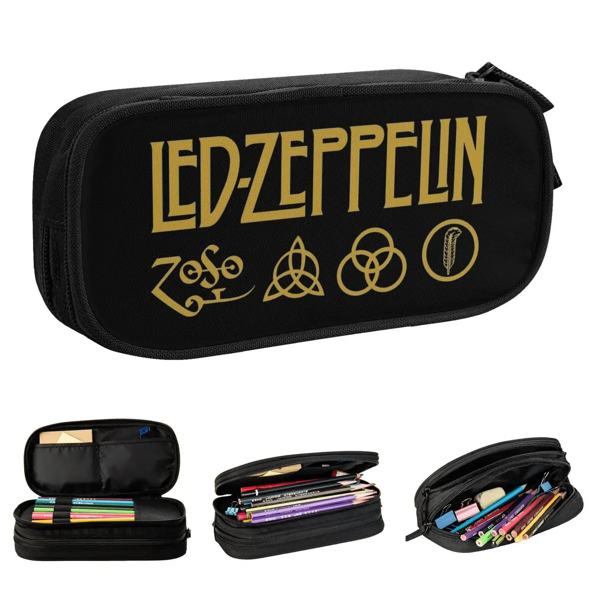 estojo de grande capacidade com led zeppelins heavy metal music band acessorios de escritorio dupla camada papelaria 01