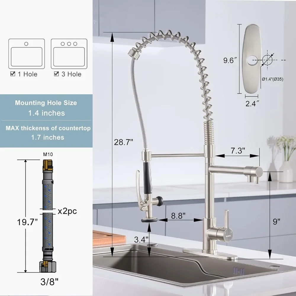 Commercial Kitchen Faucet with Pre-Rinse Sprayer Solid Brass Commercial Restaurant Faucet 1 or 3 Hole Spring Kitchen Faucet
