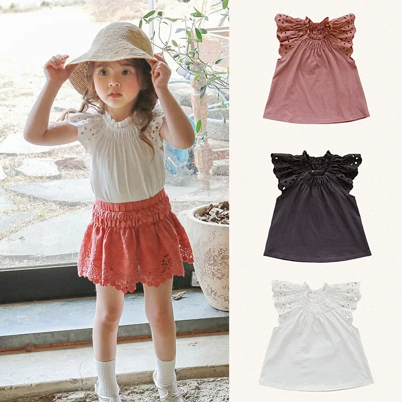 

Baby Girl Top 2025 Summer Strawberry Sandy Korean Children Wear Children Girls Girls Solid Color Lady Hollow Sleeve T-shirt