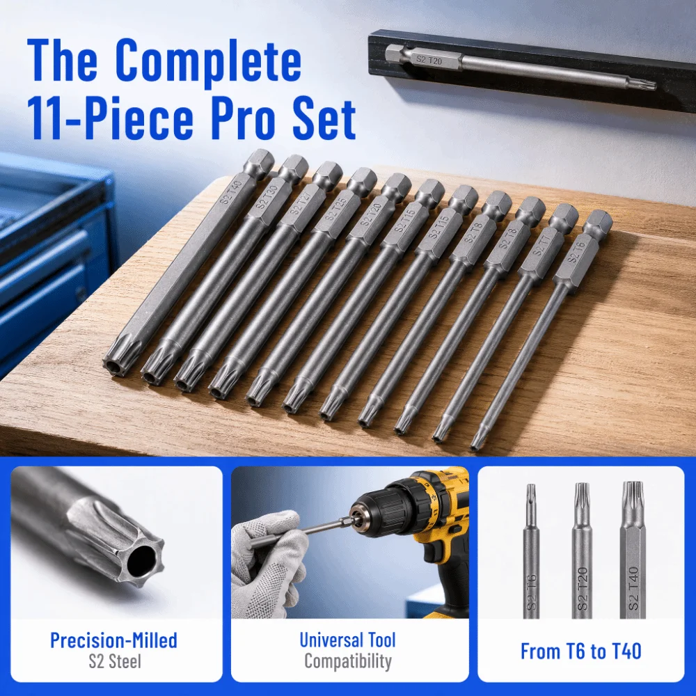11pcs 100mm Length Screwdriver Bit Set S2 Alloy Steel 1/4 Inch Hex Shank Star Screwdriver Bits Tamper Proof 6 Point