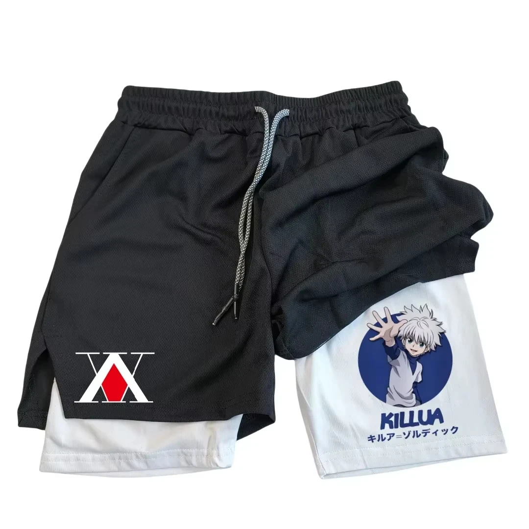 

MEN s 2 in 1 Running Shorts with Phone Pockets Towel Loop Anime Print Lightweight Athletic Gym Workout Compression Shorts