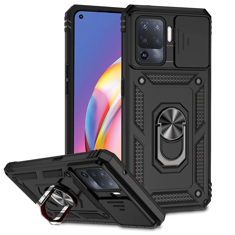 Stoßfeste Rüstungshülle für OPPO Reno 5 Lite 5F A16 A16s A54s A74 A94 A57 A57s A77 4G Metallringhalter Slide Lens Protector Cover