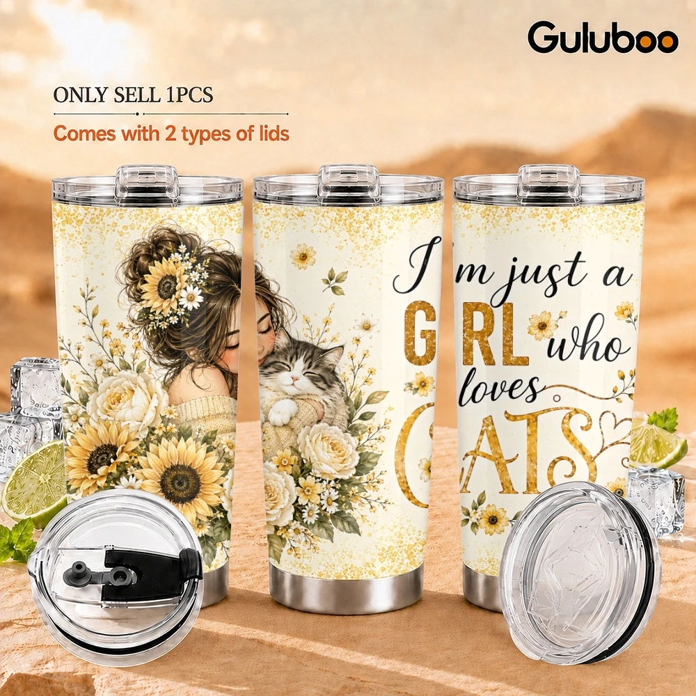 Floral Cat Lover Girl Vacuum Flasks 20oz Long Lasting Hot Cold Drinks Container Leakproof Stainless Steel Cup&Straw&Travel Gift