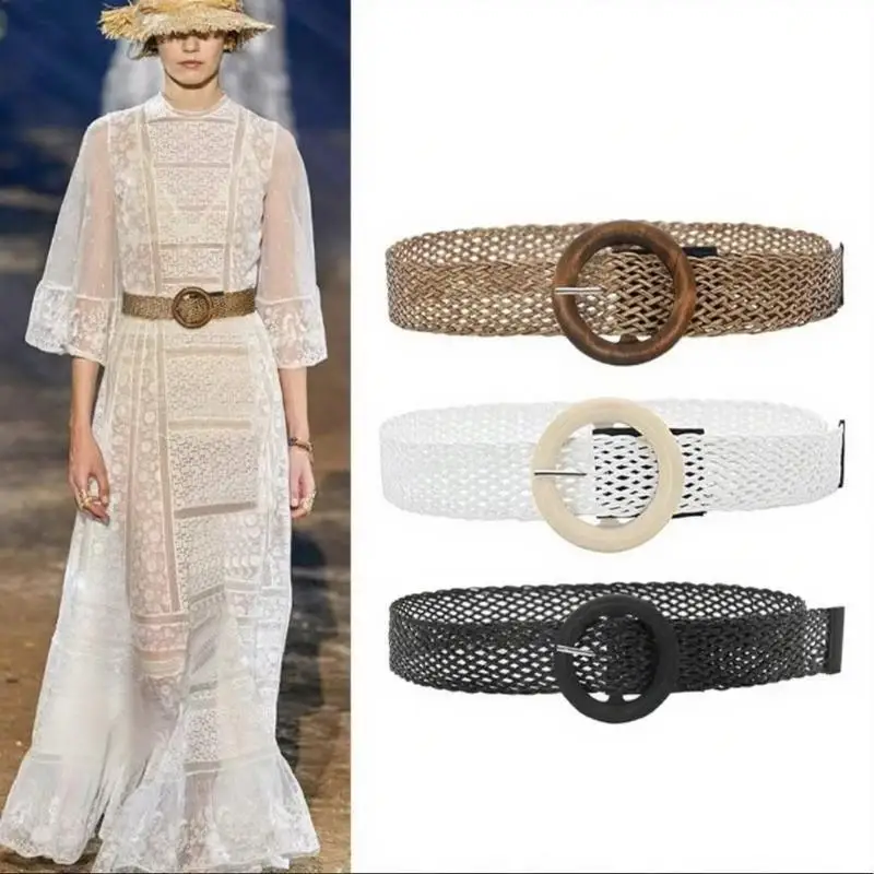 

Fashion Women Woven Belt High Quality Wooden Buckle Belts Casual Waistbelt Summer Casual Cloth Waistbelt Lady Waistband