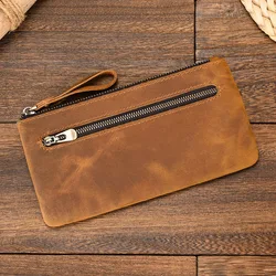 Crazy Horse Leather Zipper Wallet Simple Style Coin Purse With Key Chain For Car Key Purse Genuine Leather Men Women Coin Bag