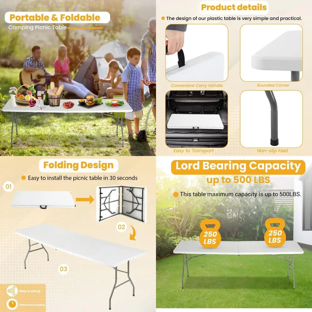 

Портативный складной пластиковый стол для пикника, белый, 6 футов с ручкой для переноски