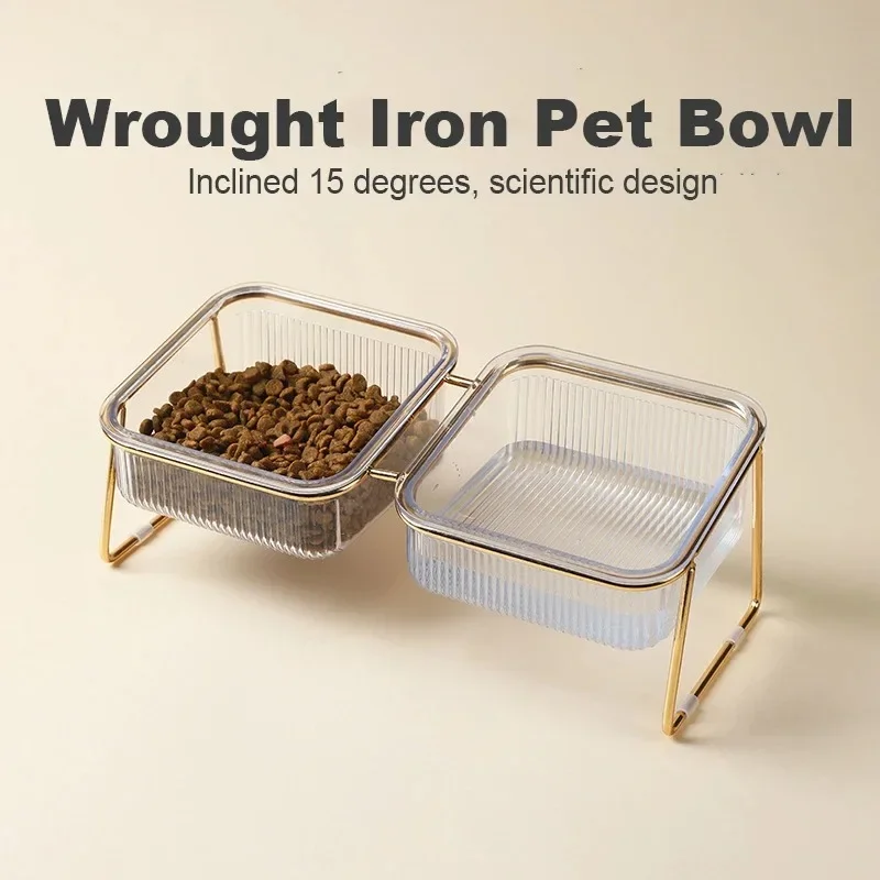 Pet Double Bowl Transparent High Foot Cat Bowl Drink Water Cat Food with Golden Stand Raised Water Feeder Dog Bowl Supplies