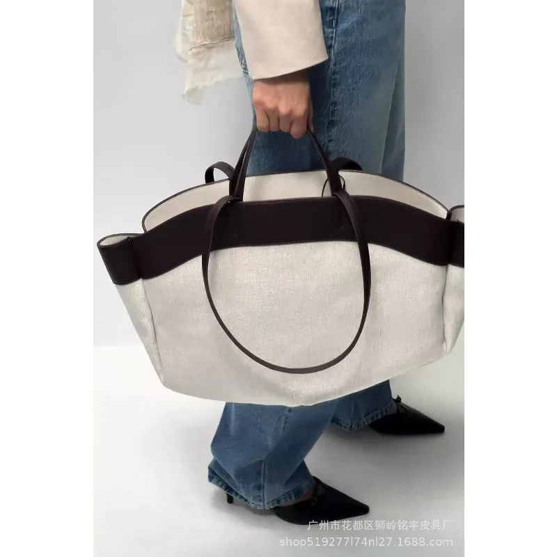 Large-capacity Canvas Shoulder Color-blocked Bag, Fashionable, Simple, Casual, Versatile Tote Bag for Women 2024Autumn New Style