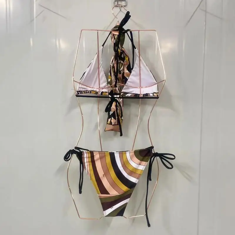 

Новинка лета 2025: Женский модный раздельный купальник-бикини с полосками и цветовыми блоками, на бретельках через шею