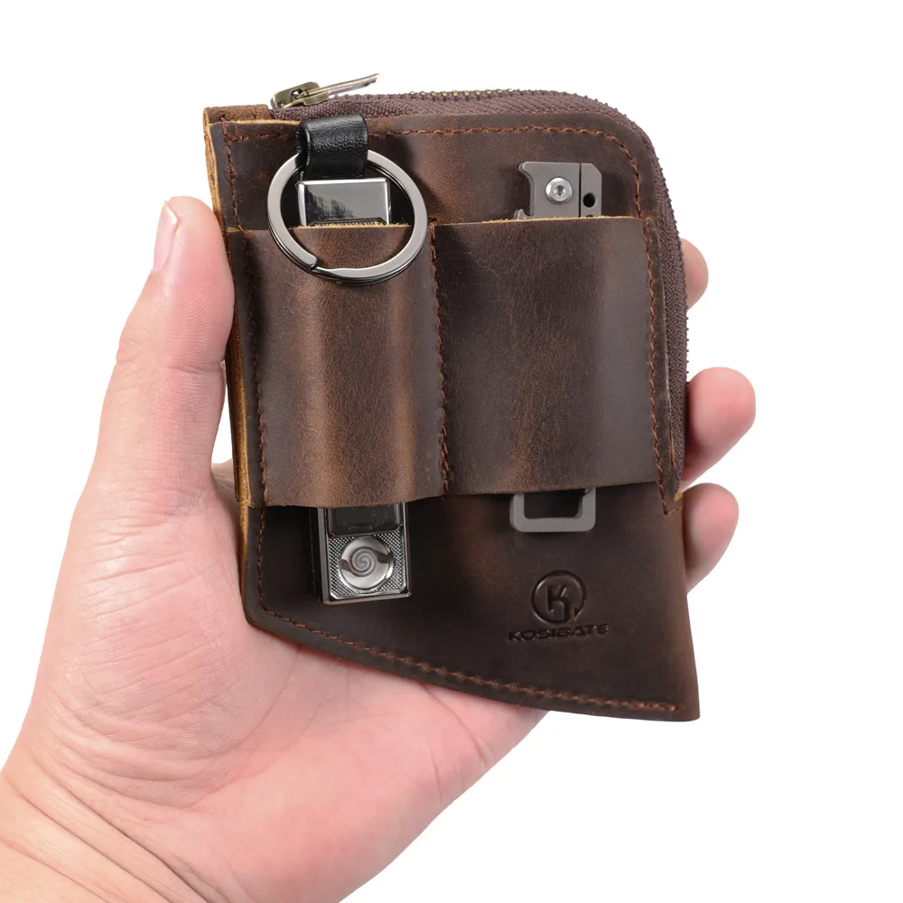 EDC tool leather case storage waist bag portable retro crazy horse leather mini coin purse genuine leather men's wallet