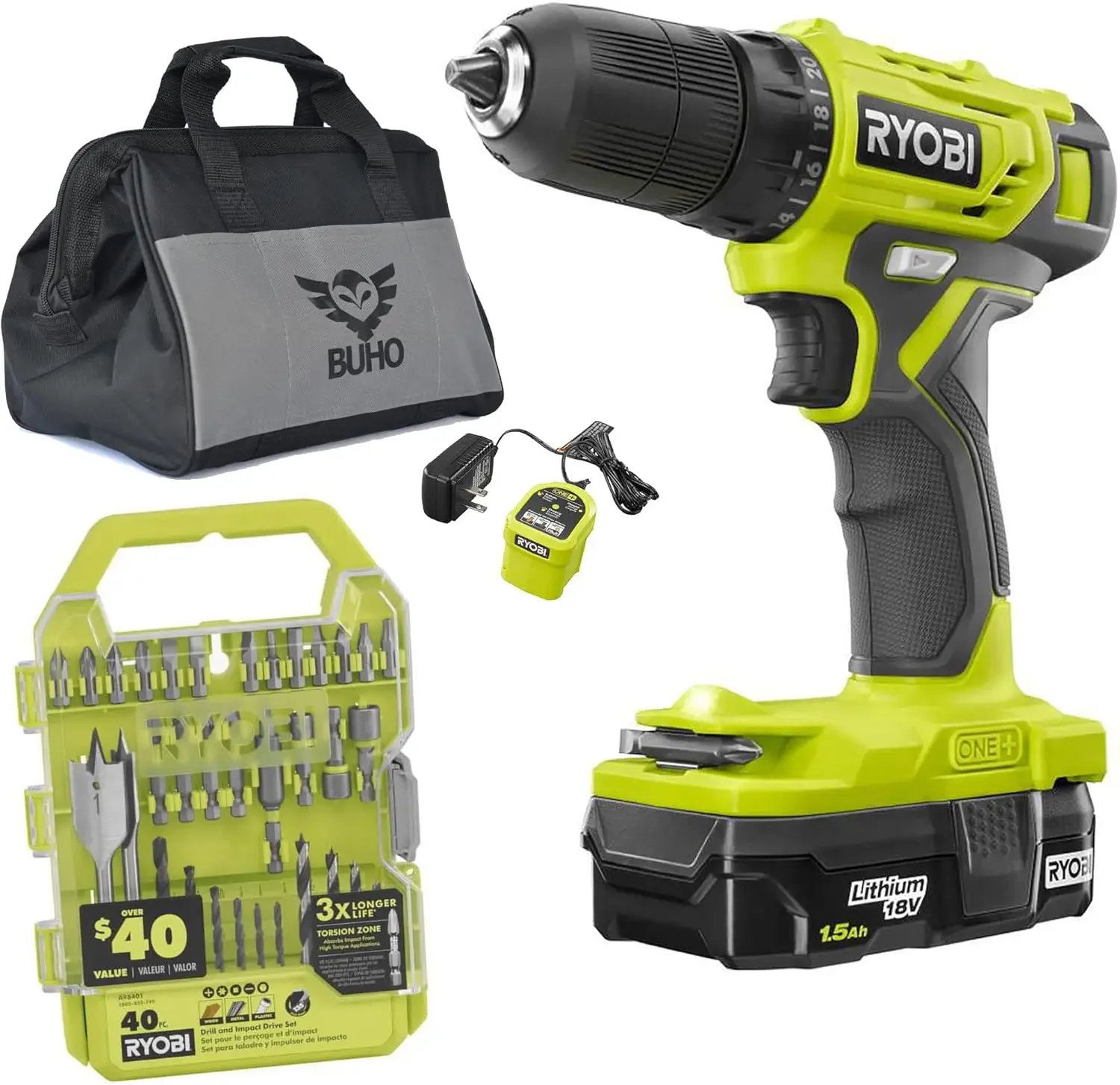 Bundle with Ryobi 18V Cordless Drill, 1.5 Ah Lithium-ion Battery, 18-Volt Battery Charger, 40 Piece Multipurpose Drill Bits, and