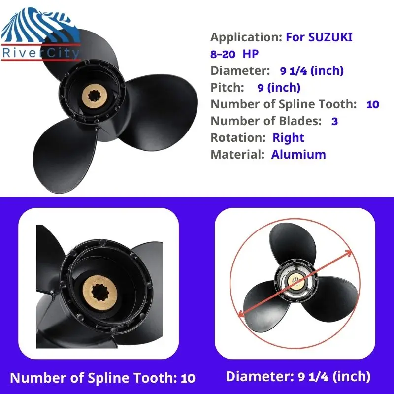 For Suzuki 8HP 9.9HP 15HP 20HP Outboard Propeller 9 1/4X9 Boat Motor Aluminum Alloy Screw Ship Marine Engine 3 Blade 10 Spline