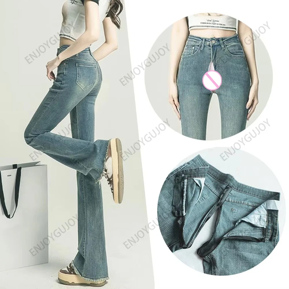 

Long Pants Women Jeans,Fashionable Invisible Open Crotch Outdoor Sex Loose Fit,High Waist Horseshoe,Micro Flared Pant Exoticism