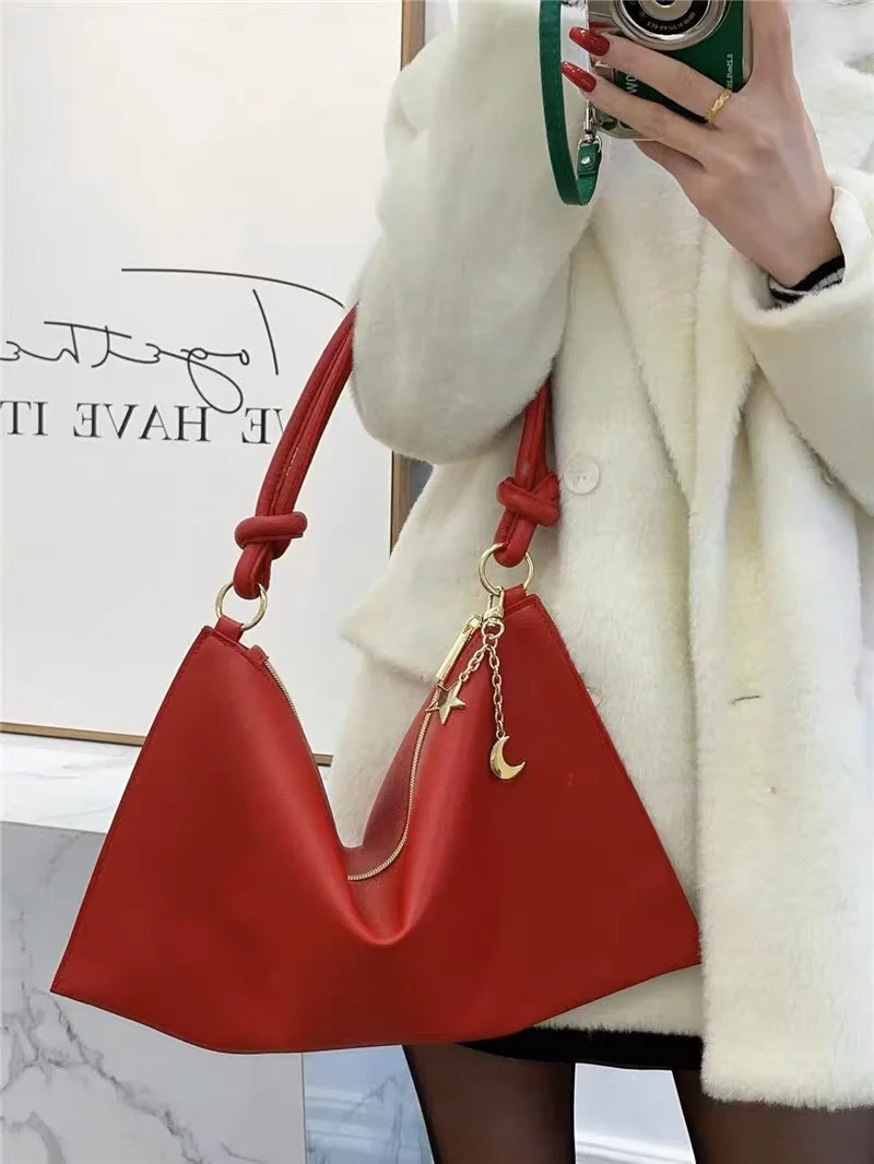 Retro Red PU Envelope Package 2024 New Ladies Elegant Simple Zipper Shoulder Bag Large Capacity Fashionable High Street Handbag