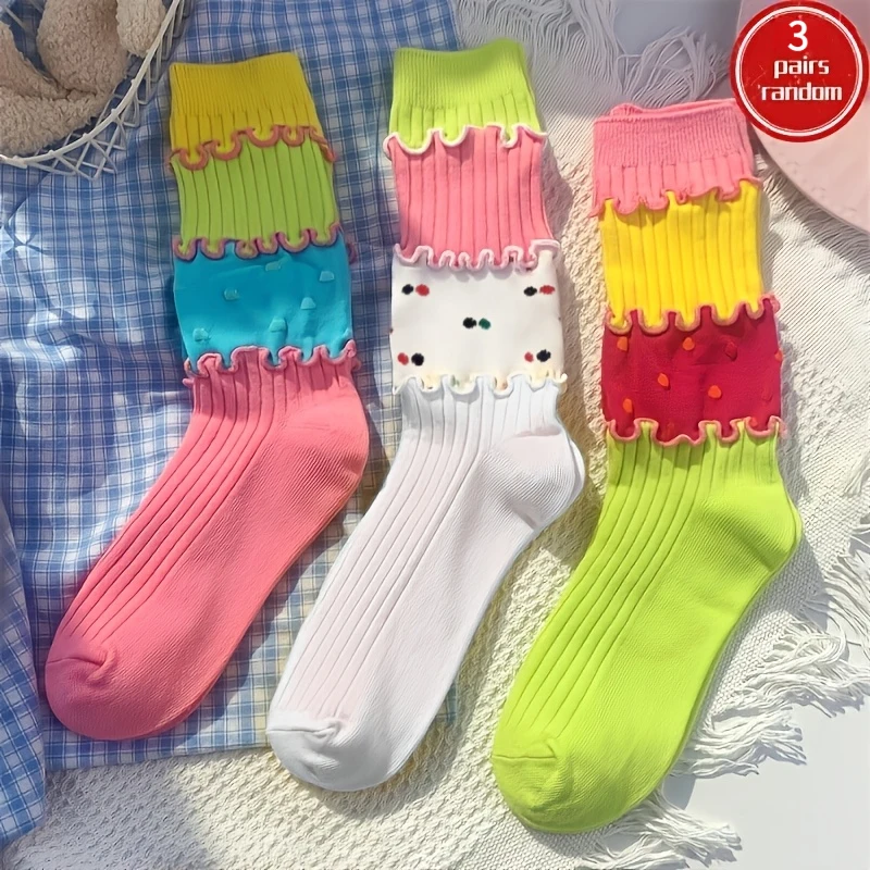3-pair Random Sweet Girly Versatile Color-Block Ruffle Mid-Calf Socks Women Beautiful Crew Dress