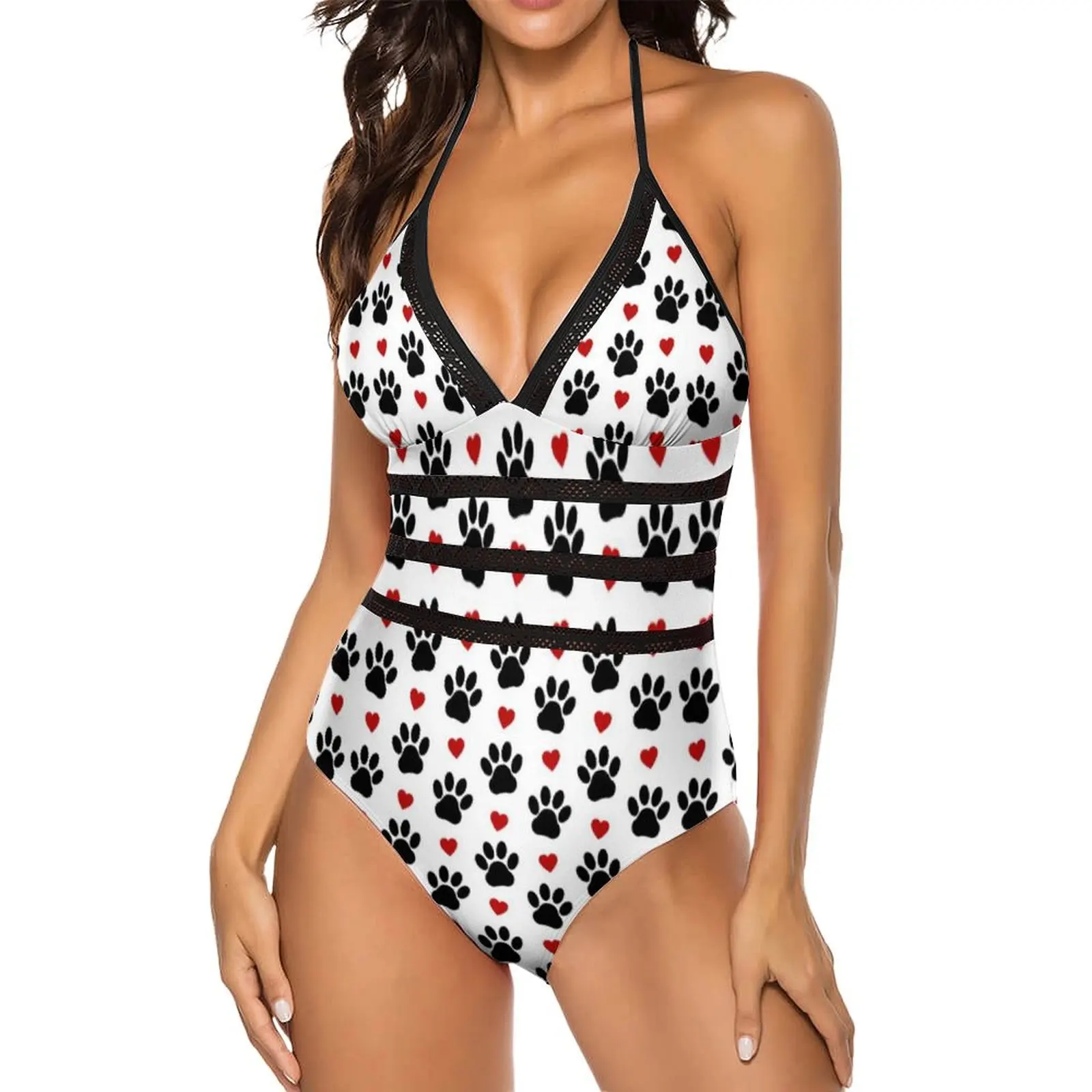 Cute Red Heart Swimsuit Sexy Black Paws Print Halter Swimwear One Piece Cute Swimsuits Surfing Push Up Bathing Suit