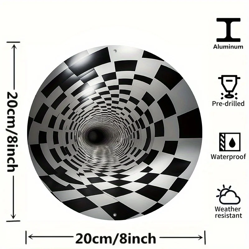 1 8X8 Inch Aluminum 3D Optical Illusion Wall Art | Black And White Checkered Tunnel Design, Round Metal Accent, for Home, Office