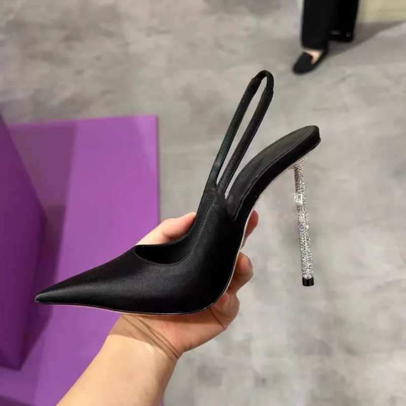 موضة كريستال الضحلة صنادل عالية الكعب الساتان خنجر Slingback أحذية النساء لامعة حجر الراين الصنادل أنيقة مأدبة عالية الكعب #4